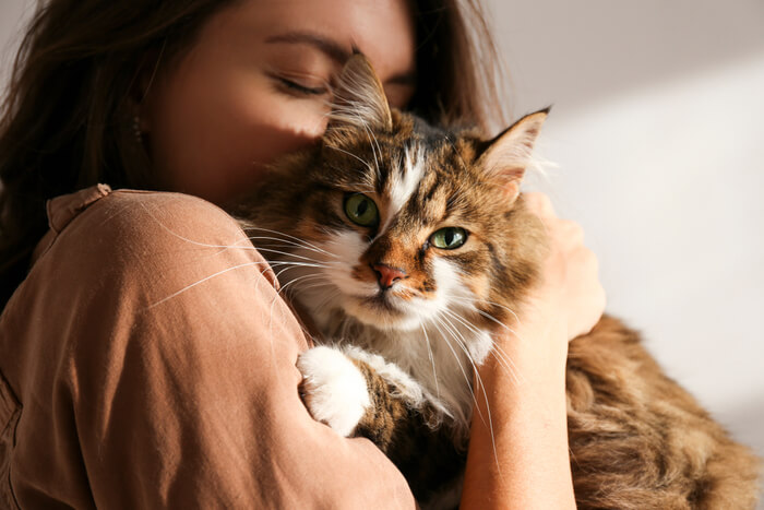 Mulher segurando e abraçando ternamente seu amado gato