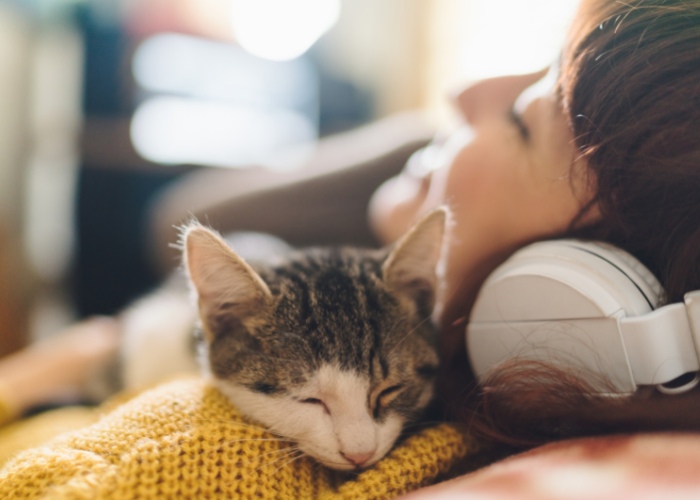 Uma imagem cativante que retrata uma mulher e seu gato compartilhando um momento musical.