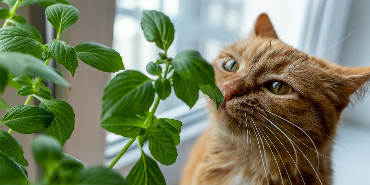 Imagem encantadora que captura a curiosidade lúdica dos gatos enquanto mordiscam folhas de manjericão