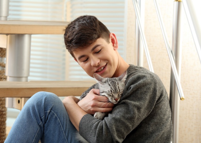 Imagem capturando um momento emocionante de um menino acariciando suavemente um gato.