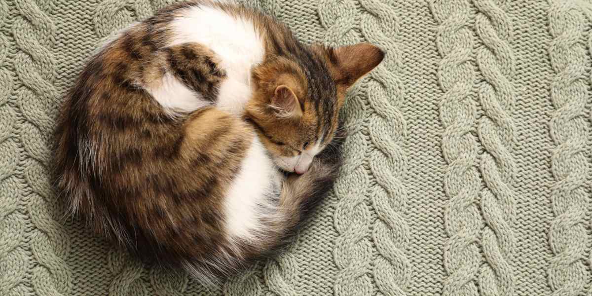 Imagem de um gato enrolado como uma bola enquanto dorme, simbolizando uma posição de dormir aconchegante e segura.