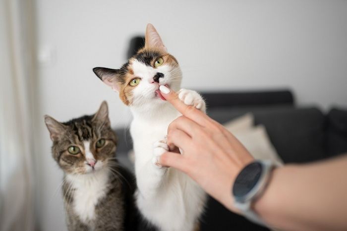 Imagem em close de um gato lambendo a mão de uma pessoa, destacando um momento de vínculo gentil e cuidado entre o gato e o indivíduo.