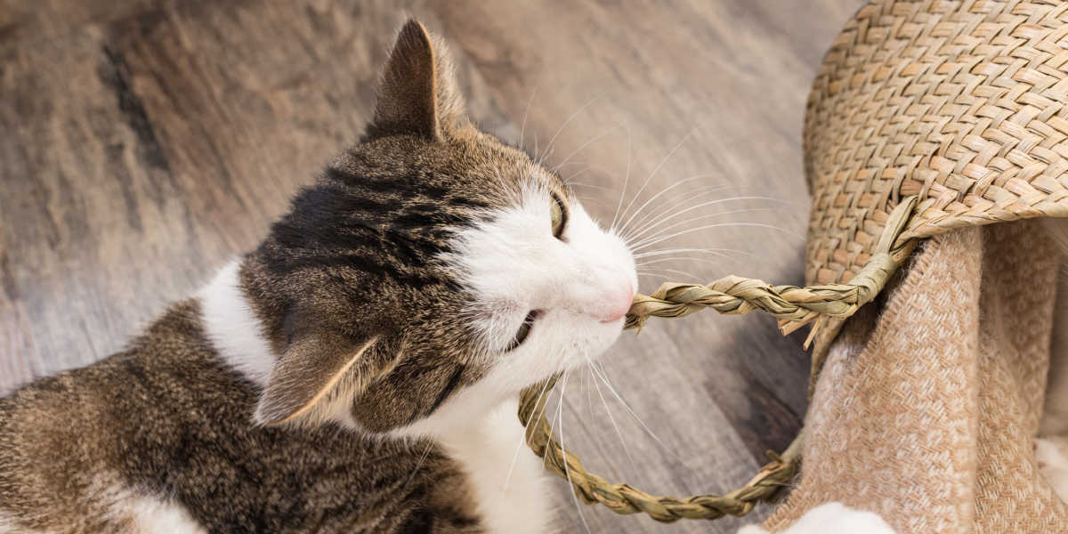 Gato mastigando cesta