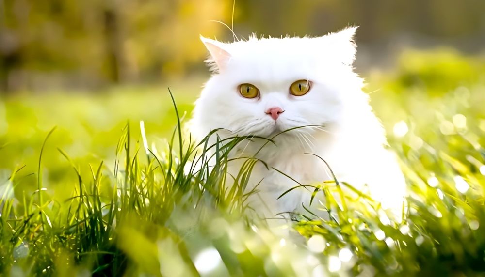 gato branco olhando atrás da grama verde