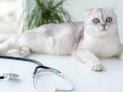 A white and grey Scottish Fold lying sitting up on a table with a stethoscope in the foreground.